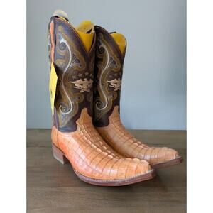 El General Cowboy Boots Mens Size 7 Brown Exotic Leather Croc Tail Embroidered